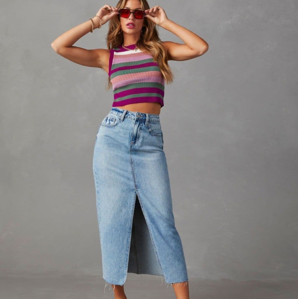 ライトブルー古着風フロントスリットデニムスカート