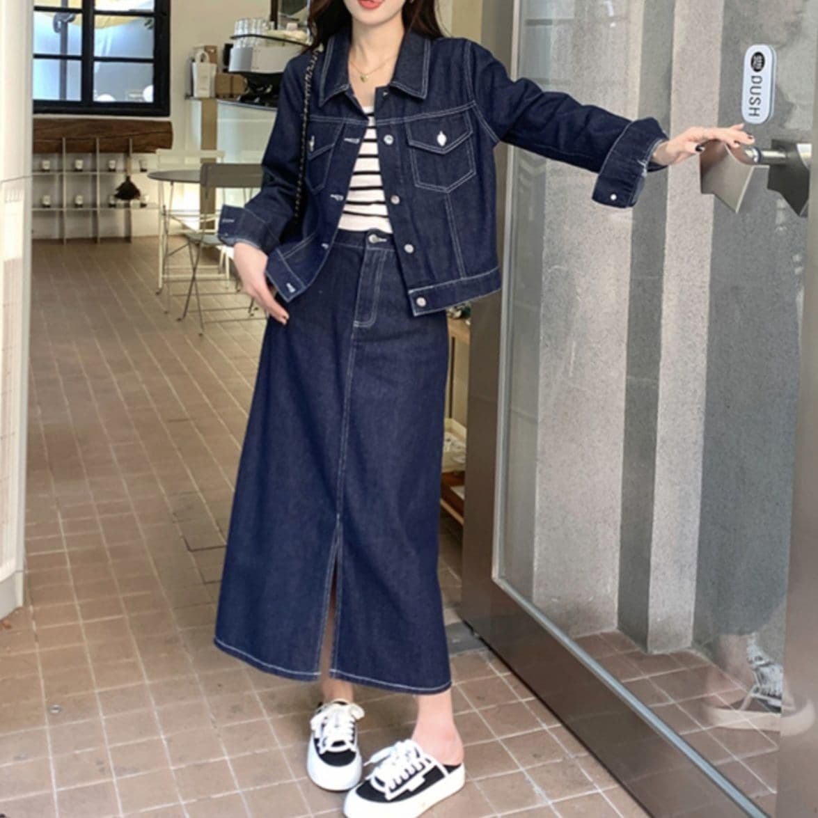 デニムスカート ゆったりデニムセットアップ スリット入りロングスカート