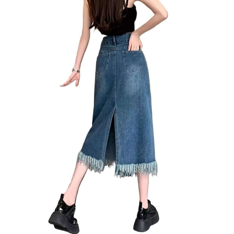 韓国スタイル フリンジ裾ロングデニムタイトスカート