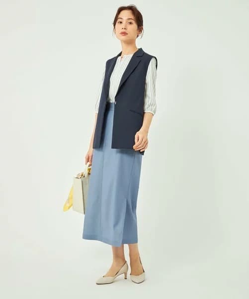 デニムスカート 上品シルエット ウエストボタン ミディ丈スカート