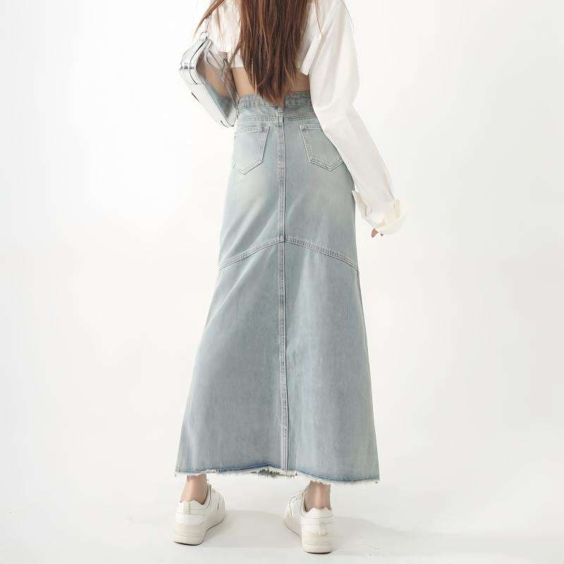 韓国デニム　マキシ丈デニムフレアスカート