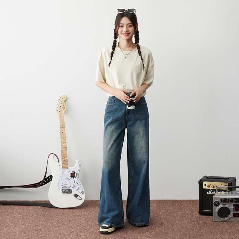 韓国スタイル ワイドレッグ ハイウエストデニムパンツ