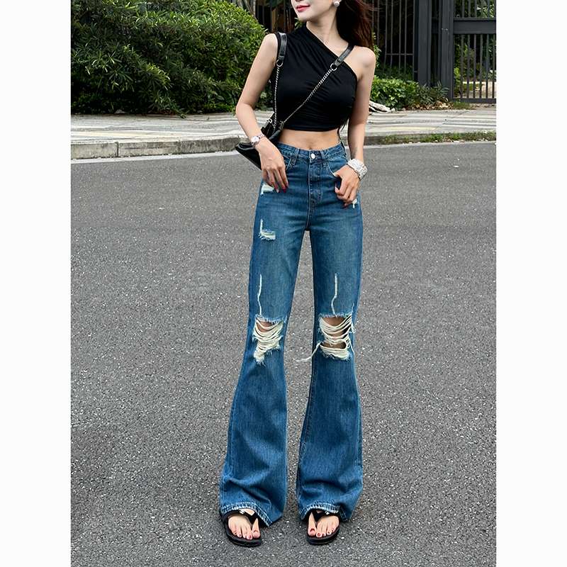 アメリカンスタイル ダメージ加工ワイドフレアデニムパンツ