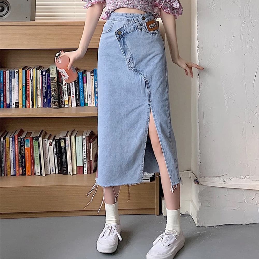 デニムスカート ウエストレイヤード風美脚ミモレ丈　スリットスカート