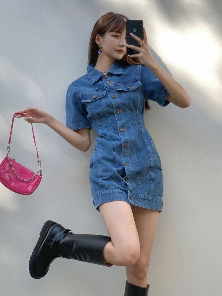カジュアルスタイル デニムシャツワンピース ショート丈 タイトフィット