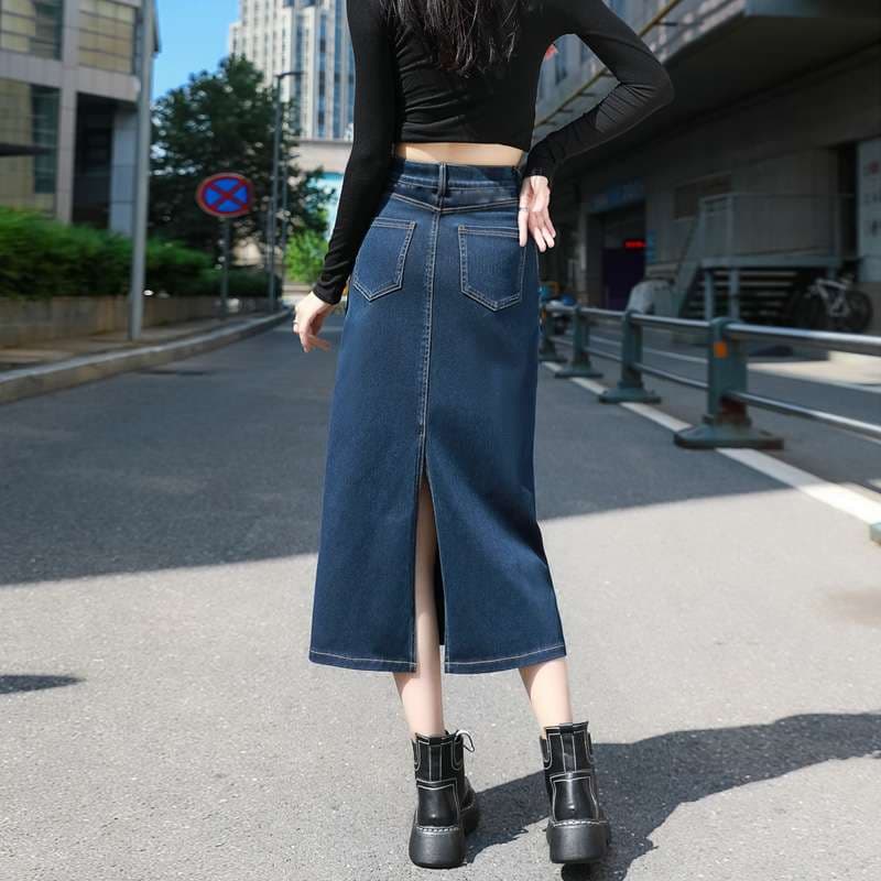 カジュアルスタイル ハイウエストデニムロングタイトスカート