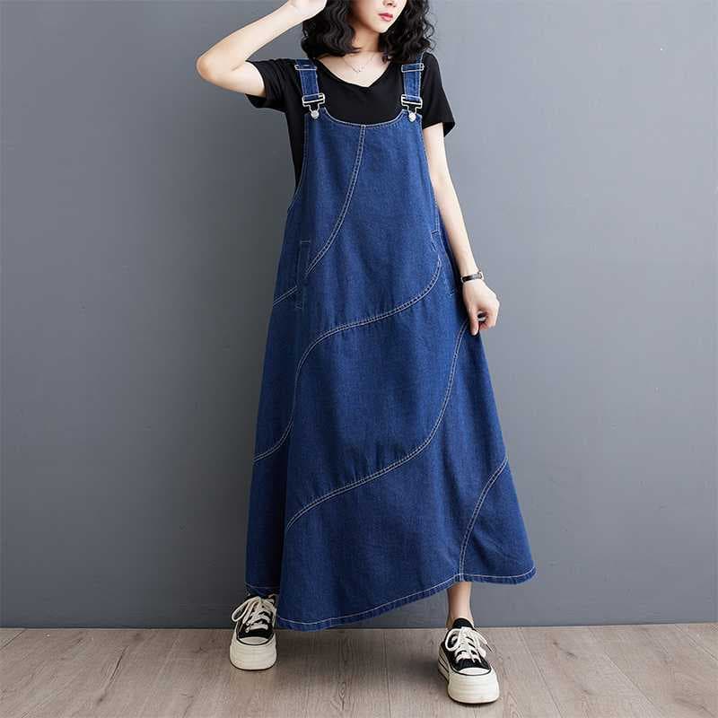 デニムスカート ゆったりオーバーオール風デニムワンピース　サロペット