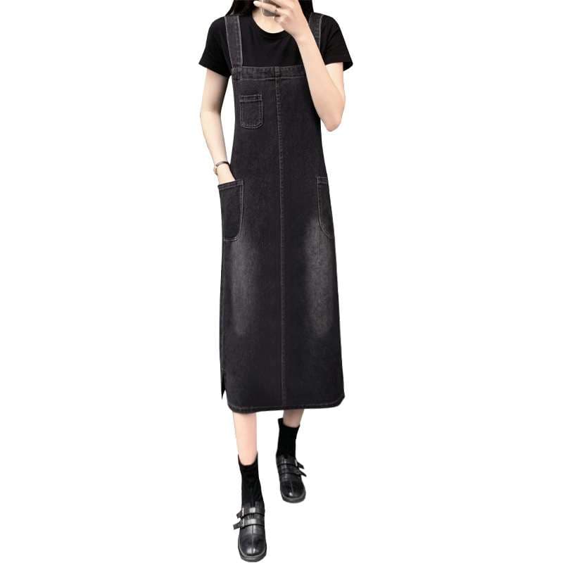 カジュアルスタイル　オーバーオールデザインデニムワンピース　サロペット