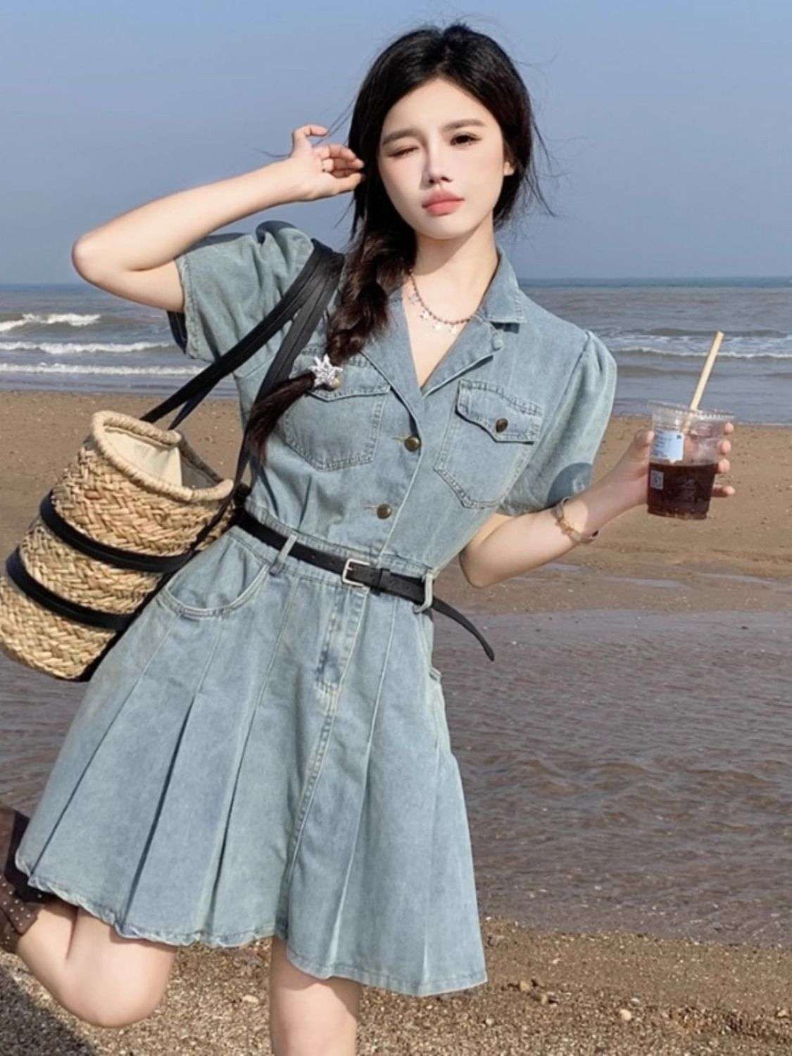 韓国スタイル 爽やかビーチデニムシャツワンピース