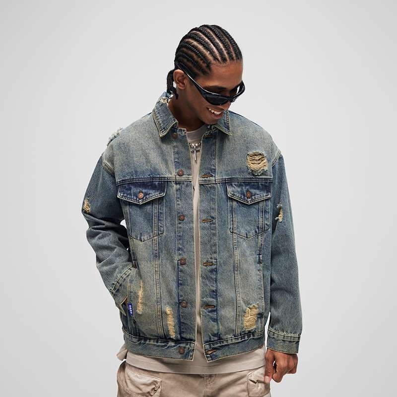 アメリカンカジュアル ヴィンテージ風ダメージ加工オーバーサイズデニムジャケット