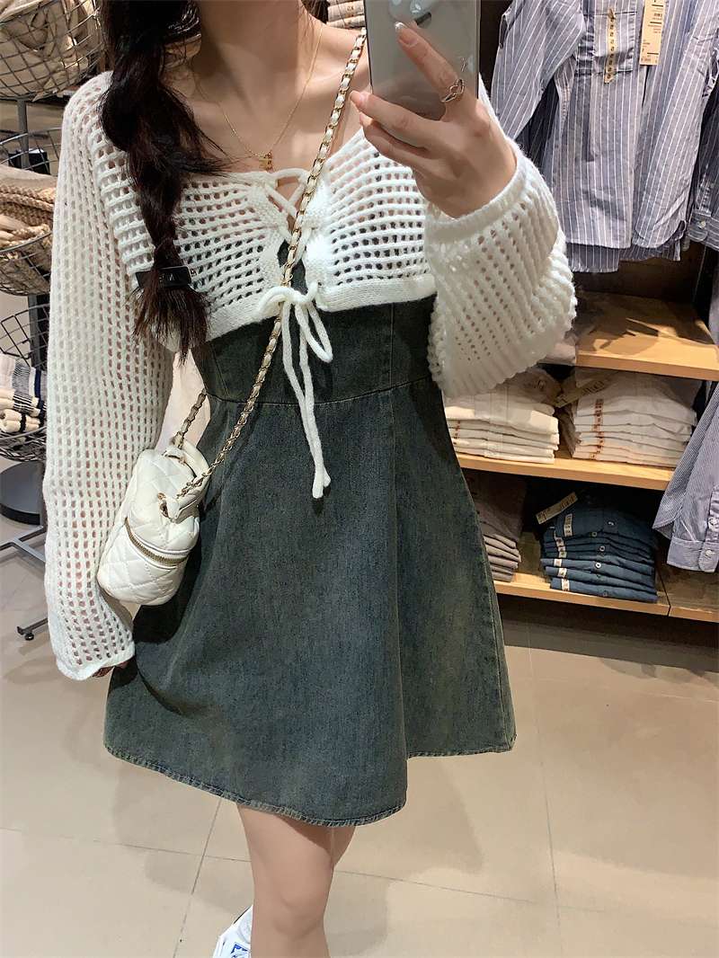韓国スタイル 春夏デニムキャミワンピ×ニットカーディガンセット