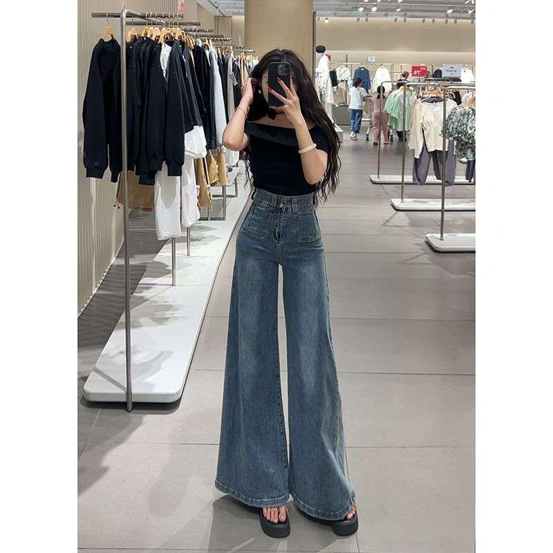 韓国スタイル トレンディワイドレッグデニムパンツ