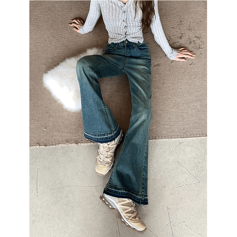 韓国スタイル レトロフレアデニム ハイウエストジーンズパンツ