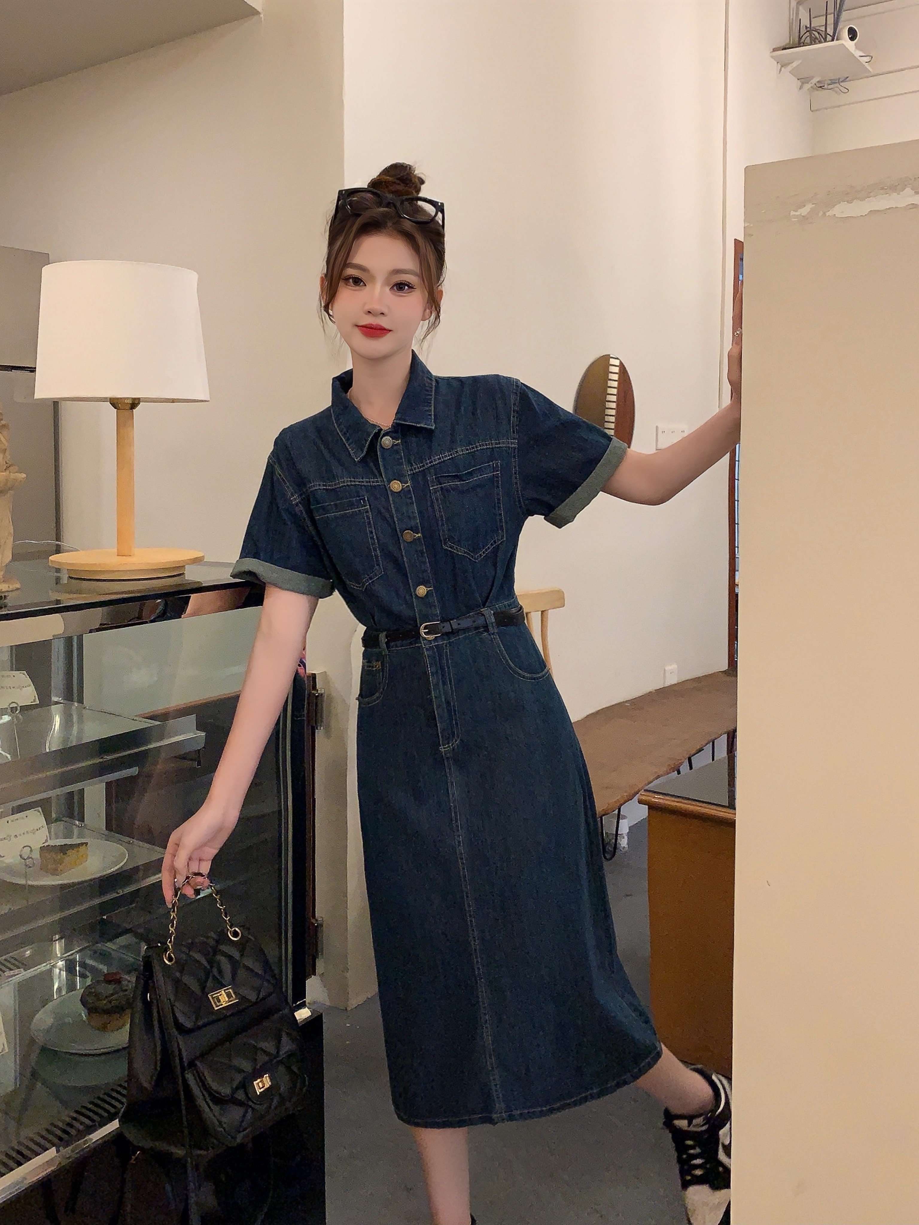 韓国スタイル クラシックデニムシャツワンピース