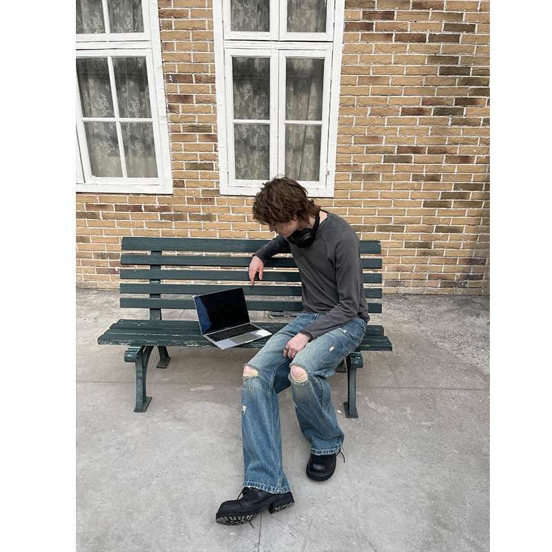 アメリカンスタイル ヴィンテージ風ダメージ加工ワイドデニム