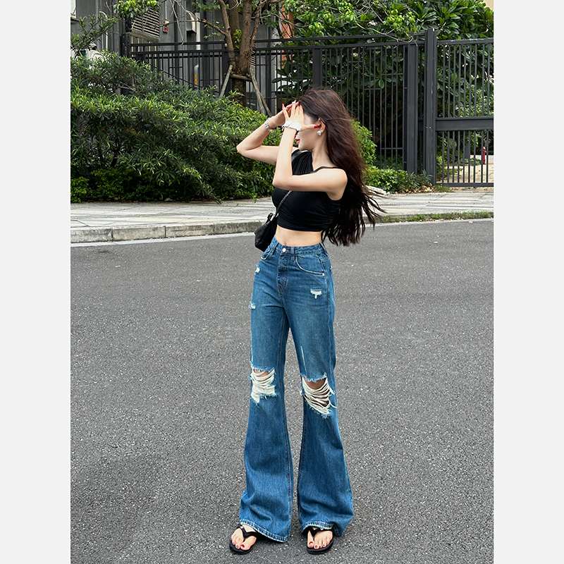 アメリカンスタイル ダメージ加工ワイドフレアデニムパンツ