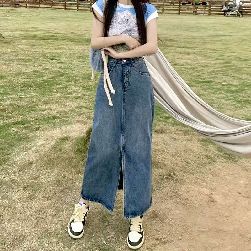 カジュアルスタイル ハイウエストデニムロングタイトスカート