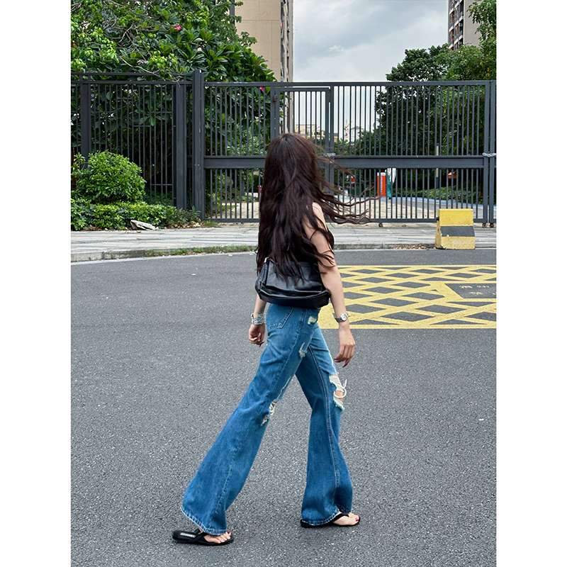 アメリカンスタイル ダメージ加工ワイドフレアデニムパンツ