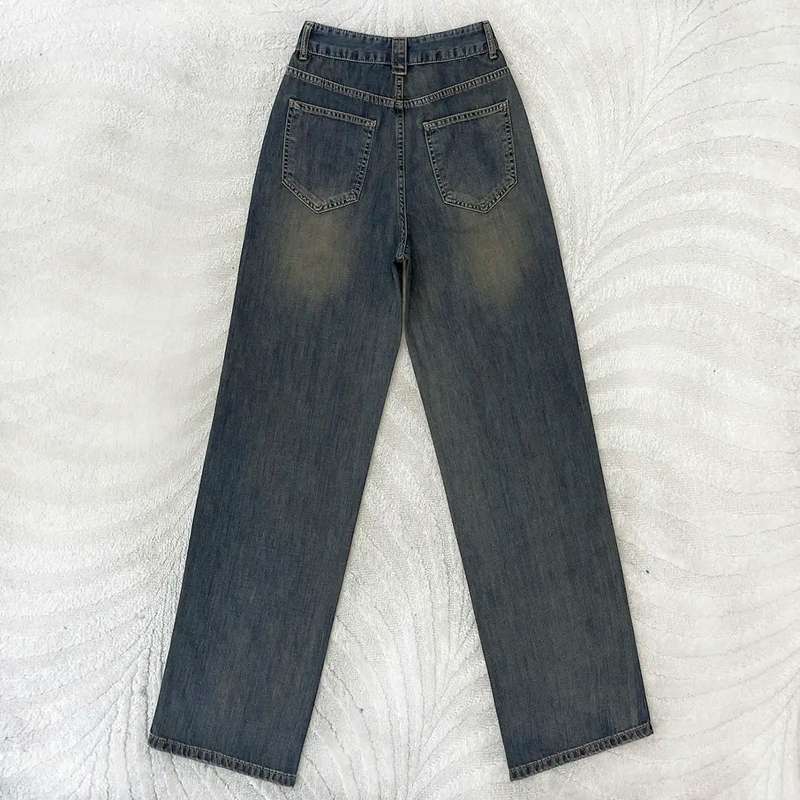 アメリカスタイル ハイウエストワイドレッグデニムパンツ