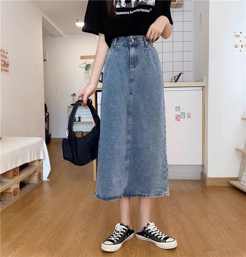 デニムスカート ロングスカート スリット入り 着回し抜群 脚長効果