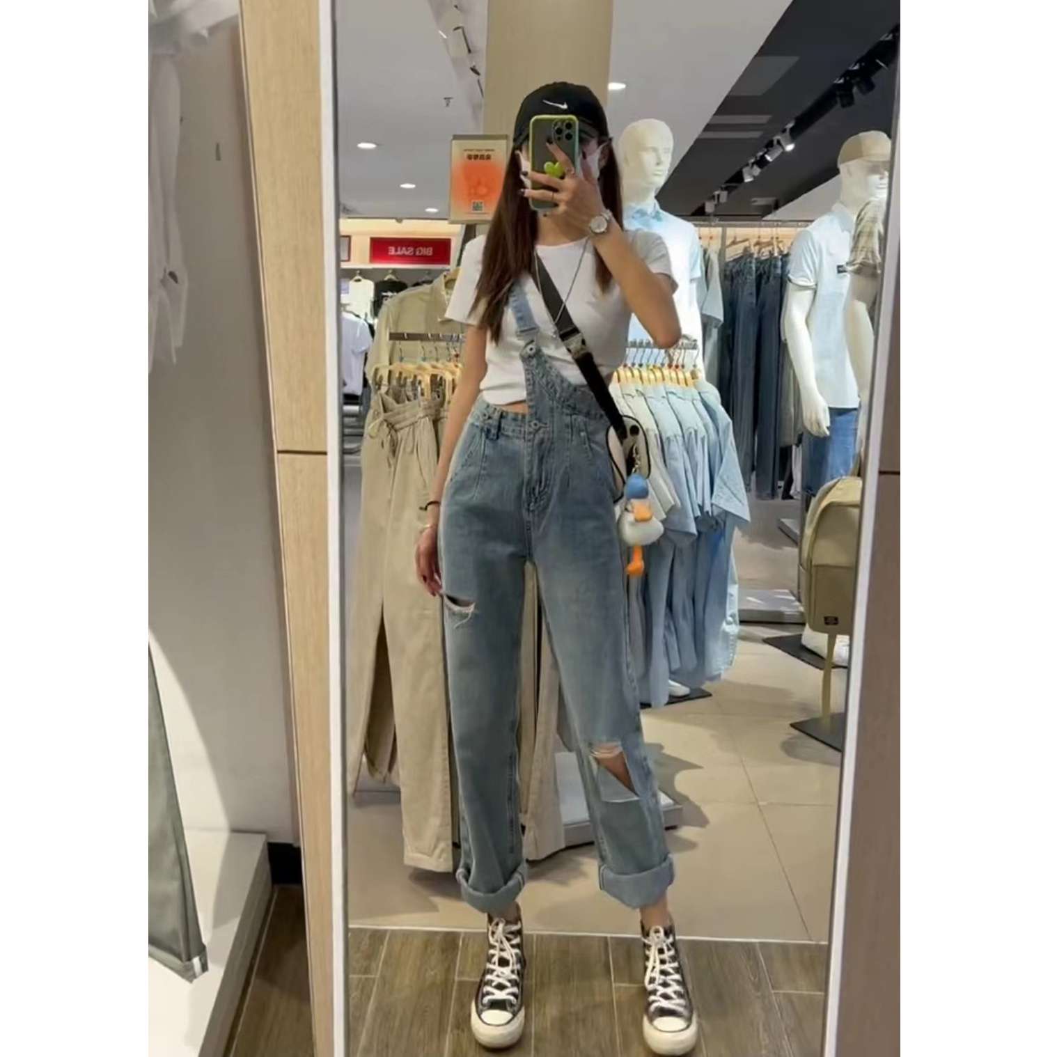 韓国スタイル ビンテージ風ダメージ加工デニムオーバーオール