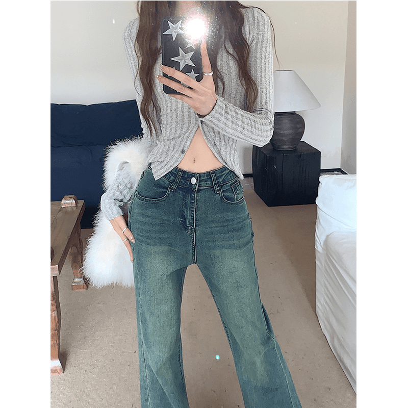 韓国スタイル レトロフレアデニム ハイウエストジーンズパンツ