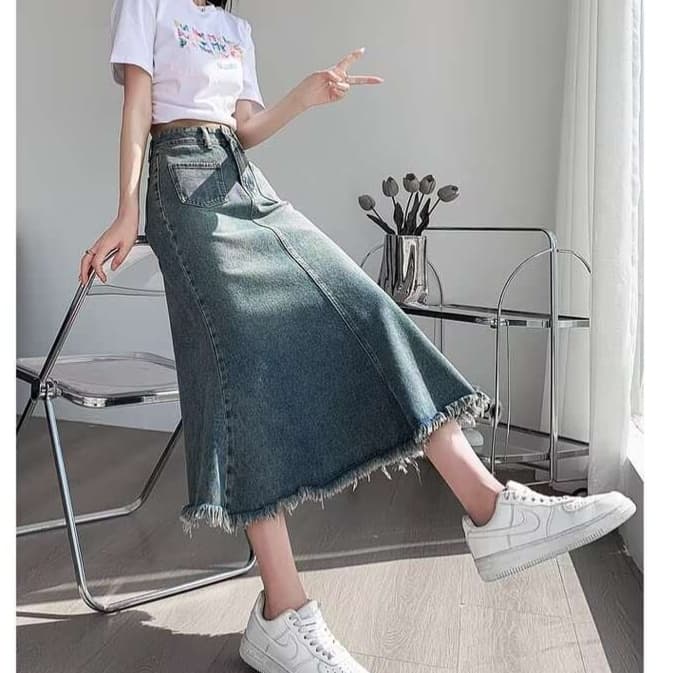 カジュアルスタイル フリンジ裾デニムマキシスカートマーメイド