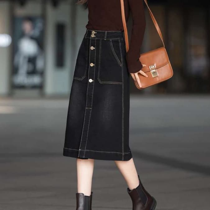 カジュアルスタイル フロントボタン デニムロングタイトスカート