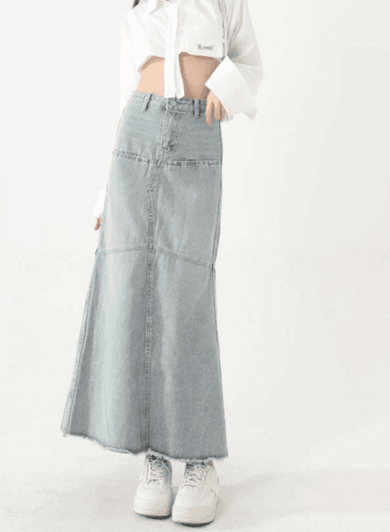 韓国デニム　マキシ丈デニムフレアスカート