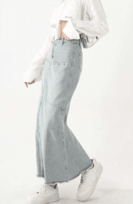 韓国デニム　マキシ丈デニムフレアスカート