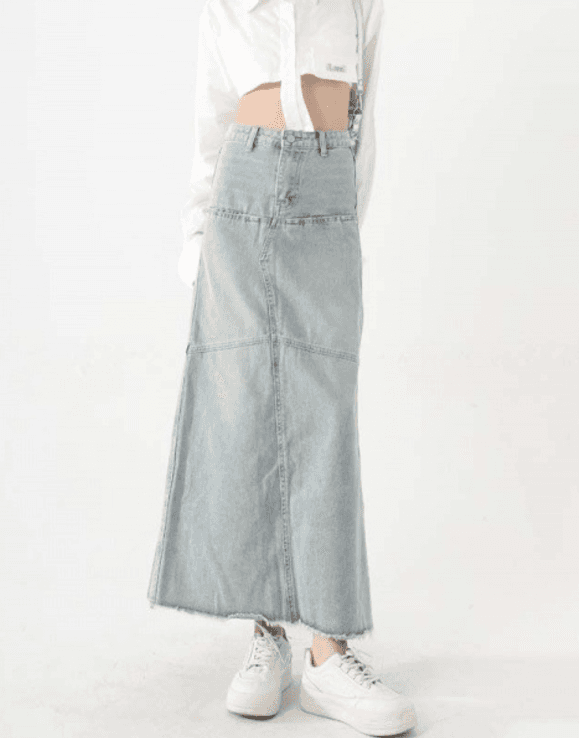 韓国デニム　マキシ丈デニムフレアスカート