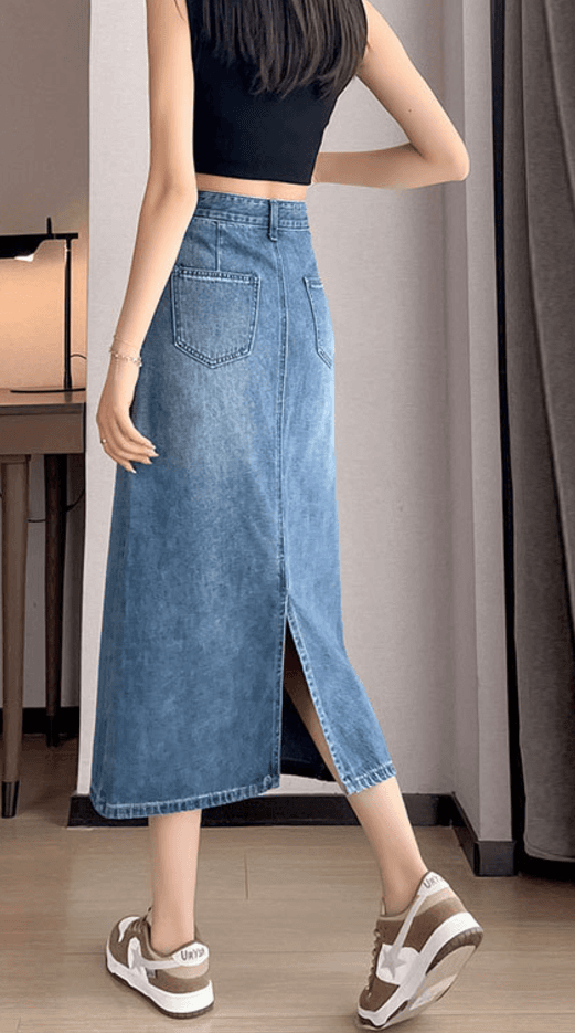 韓国デニム マキシ丈デニムロングスカート