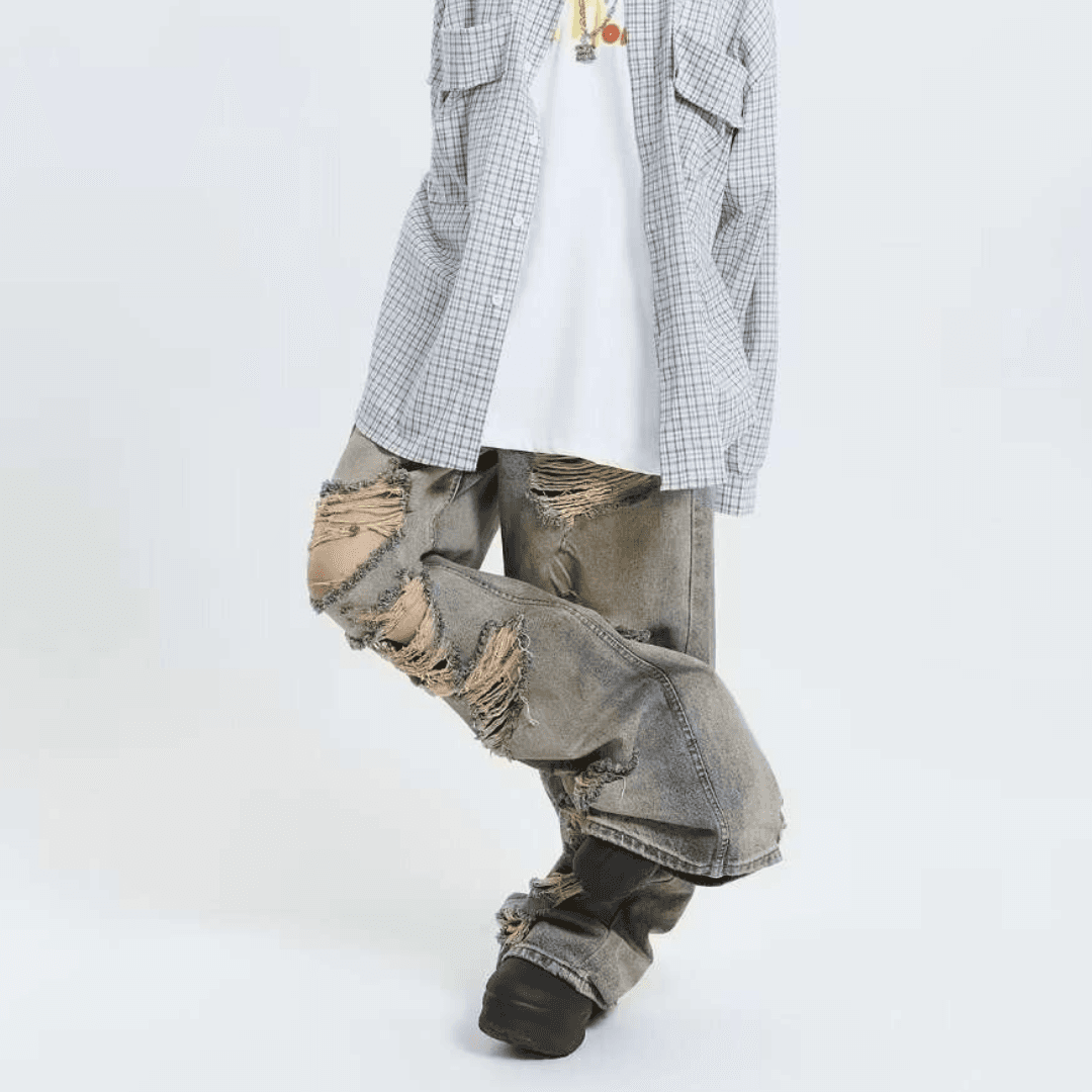 ヴィンテージ風 ダメージワイドデニムパンツ