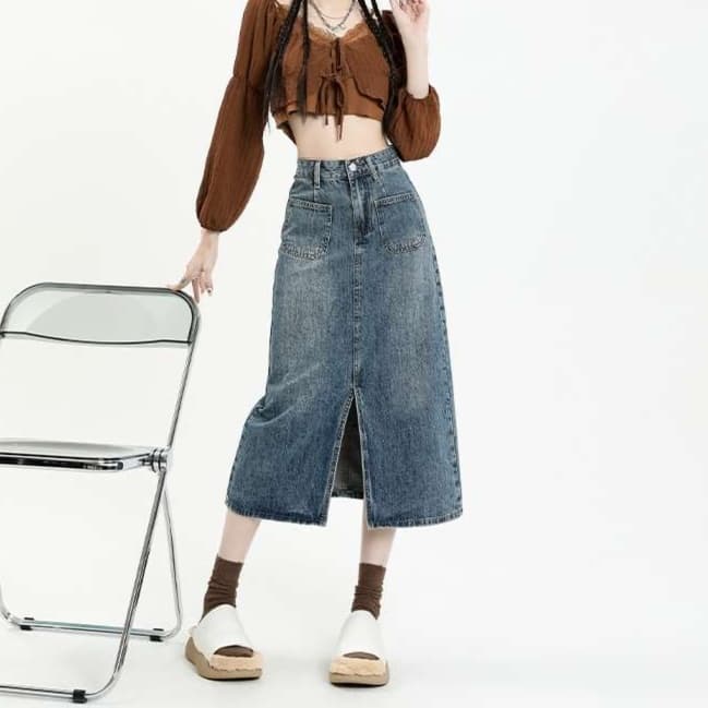 レトロ風　フェミニンデニムロングスカート　スリットスカート