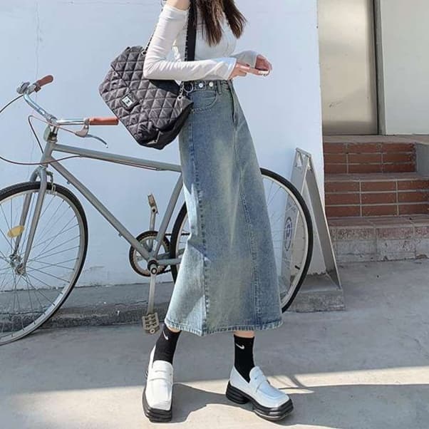 カジュアルスタイル　 デニムワイドロングタイトスカート