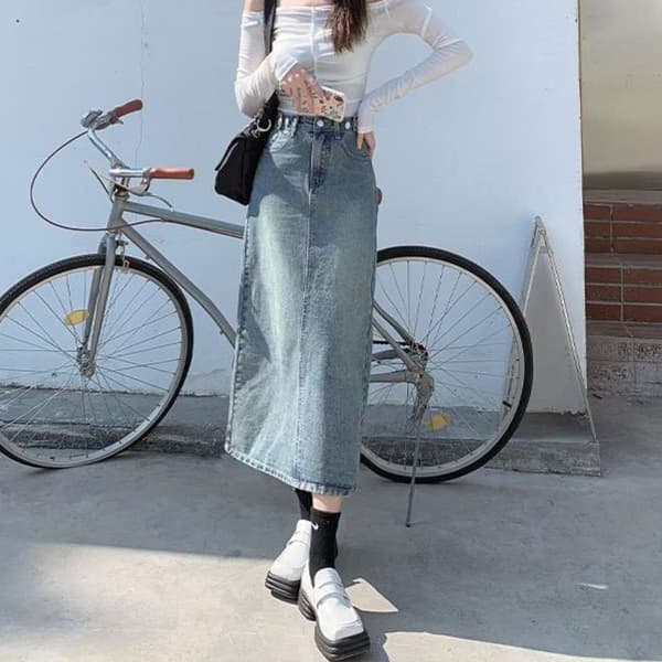 カジュアルスタイル　 デニムワイドロングタイトスカート