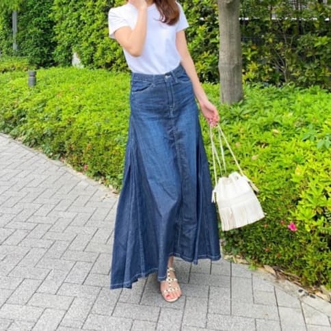 デニム フレア切替えマキシ丈スカート