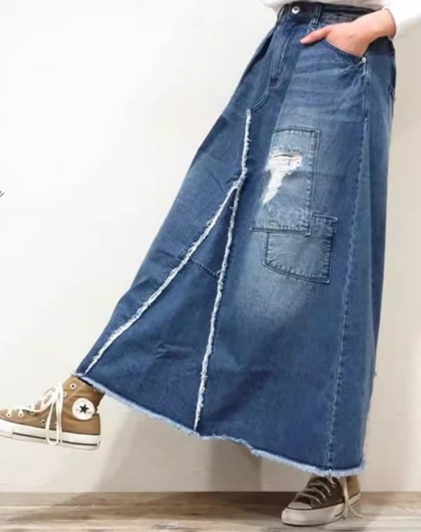 ダメージ加工デニムフレアロングスカート