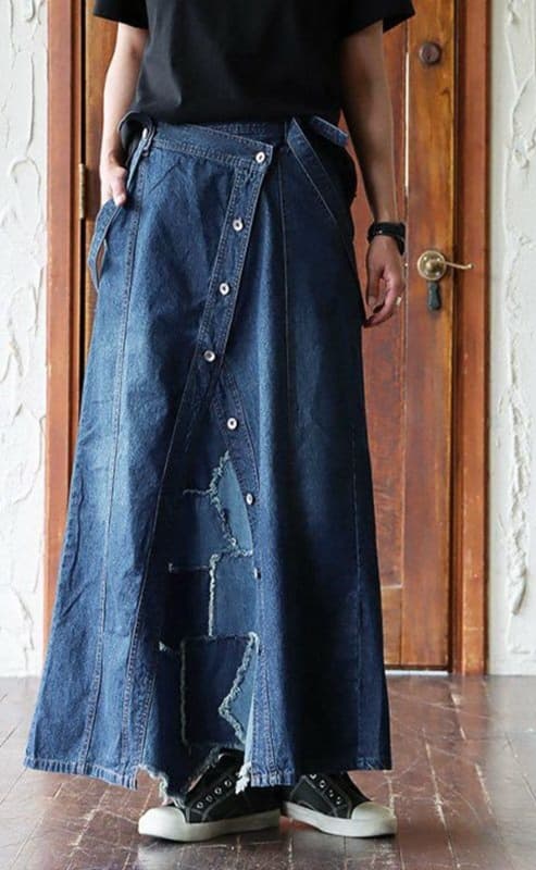パッチワーク風デニムロングスカート