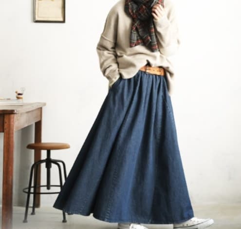 ふんわり優美なデニムギャザーフレアスカート