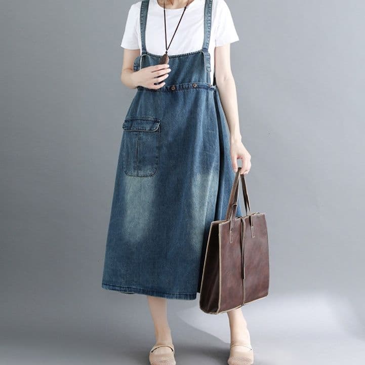 デニムスカート ゆったり楽ちん ミディ丈サロペットスカート