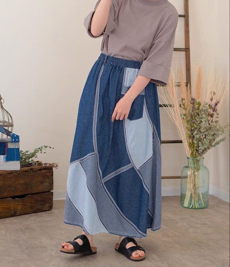 デニムスカート パッチワーク風デニムロングフレアスカート