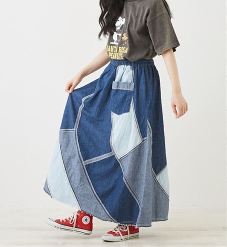 デニムスカート パッチワーク風デニムロングフレアスカート