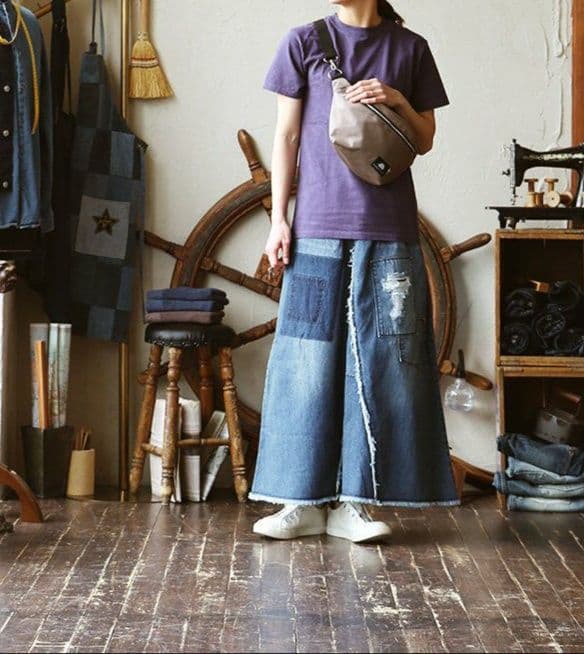 パッチワーク風デニムロングスカート