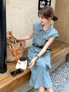 カジュアルスタイル 夏のカフェスタイル デニムシャツワンピース