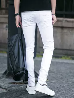 カジュアルスタイル スリムフィット ダメージ加工ホワイトジーンズ