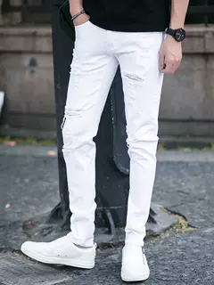 カジュアルスタイル スリムフィット ダメージ加工ホワイトジーンズ