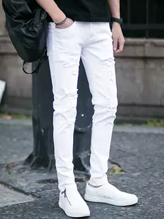 カジュアルスタイル スリムフィット ダメージ加工ホワイトジーンズ