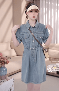 韓国スタイル 涼やかデニムシャツワンピース