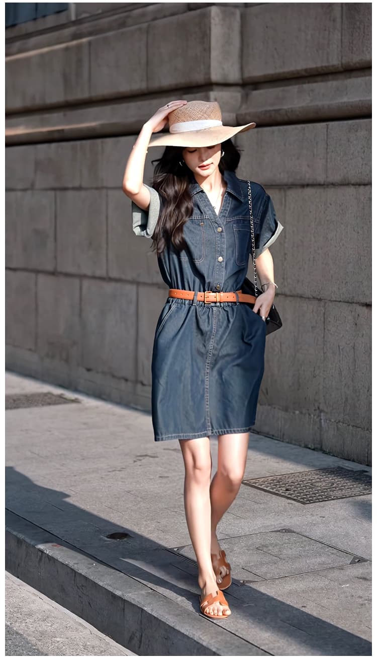 韓国スタイル 夏の涼しげデニムシャツワンピース